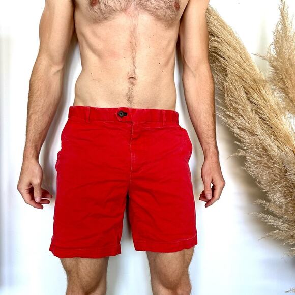 MENS H&M Bright Red Flat Front Casual Classic Preppy Prep Chino Shorts 34 - Picture 1 of 8